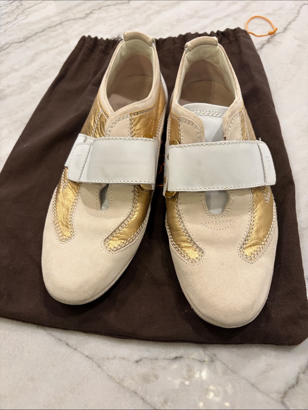 TOD’S Y-2K Women’s Cream and Gold Slip-On Sneakers with Velcro Strap SZ 6
